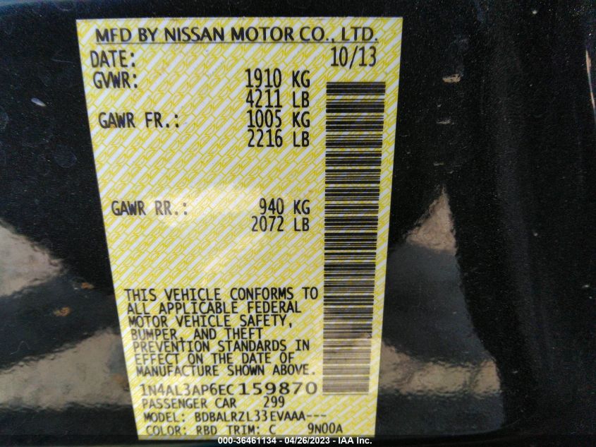 2014 NISSAN ALTIMA 2.5 S - 1N4AL3AP6EC159870