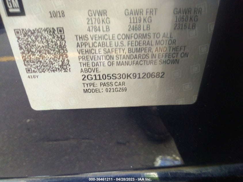 VIN 2G1105S30K9120682 2019 CHEVROLET IMPALA PREMIER