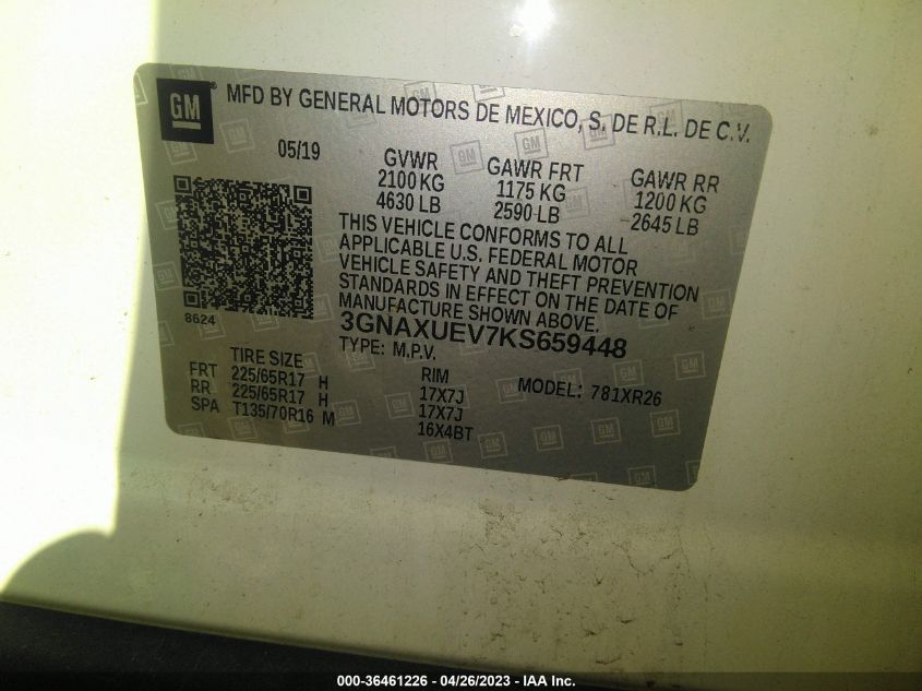 2019 CHEVROLET EQUINOX LT - 3GNAXUEV7KS659448