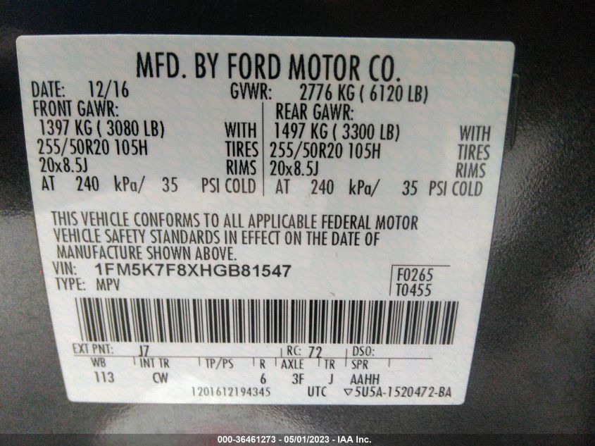 2017 FORD EXPLORER LIMITED - 1FM5K7F8XHGB81547