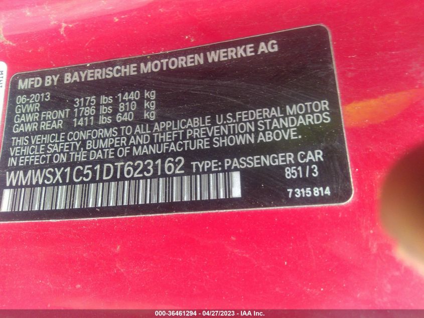 2013 MINI COOPER COUPE WMWSX1C51DT623162