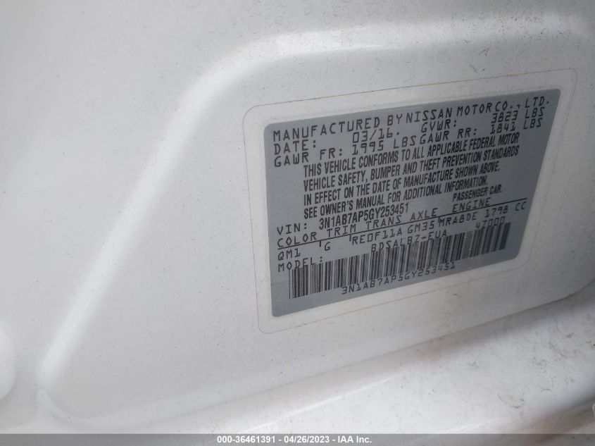 2016 NISSAN SENTRA SR/SL/S/SV/FE+ S - 3N1AB7AP5GY253451