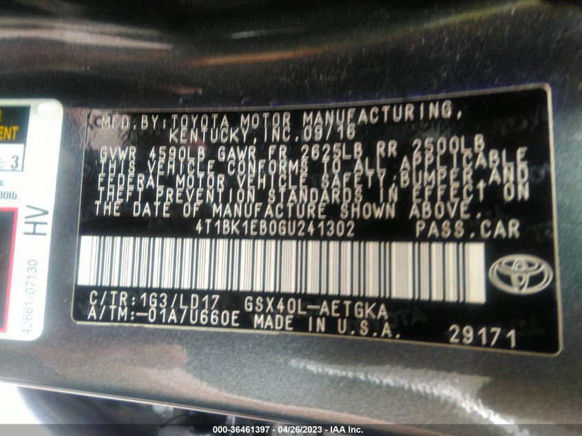 2016 TOYOTA AVALON LIMITED/TOURING/XLE - 4T1BK1EB0GU241302