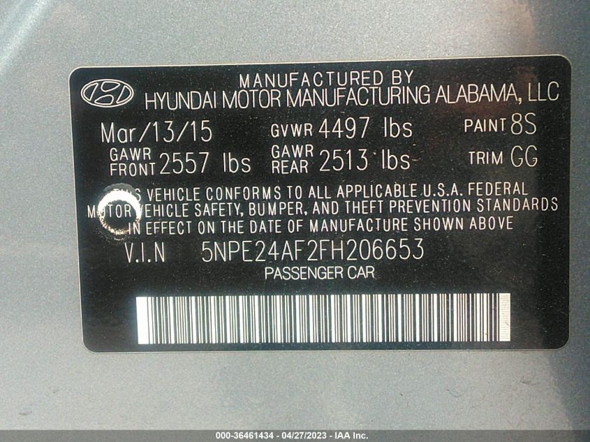 2015 HYUNDAI SONATA 2.4L SE - 5NPE24AF2FH206653