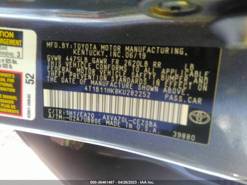 2019 TOYOTA CAMRY LE/SE/XLE/L - 4T1B11HK8KU282252