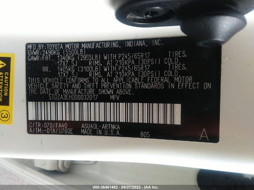 2013 TOYOTA HIGHLANDER - 5TDZA3EH0DS032017