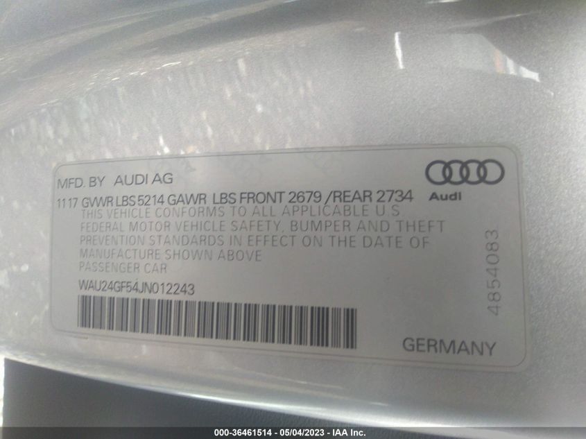 2018 AUDI S5 CABRIOLET PRESTIGE WAU24GF54JN012243