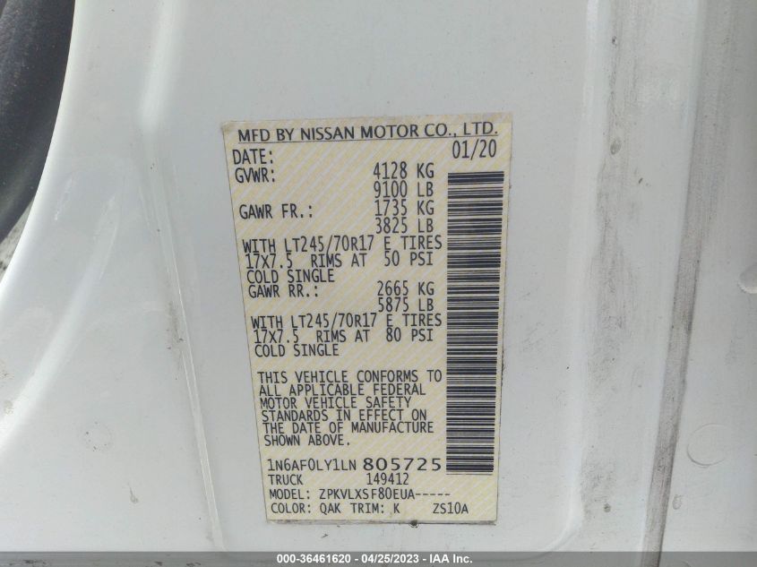 2020 NISSAN NV CARGO SV 1N6AF0LY1LN805725