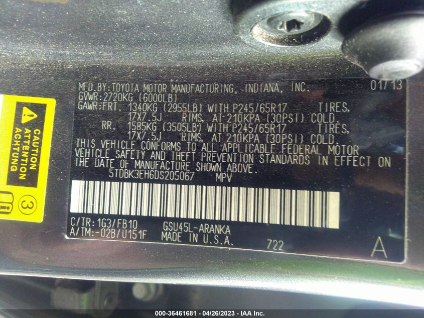 2013 TOYOTA HIGHLANDER - 5TDBK3EH6DS205067