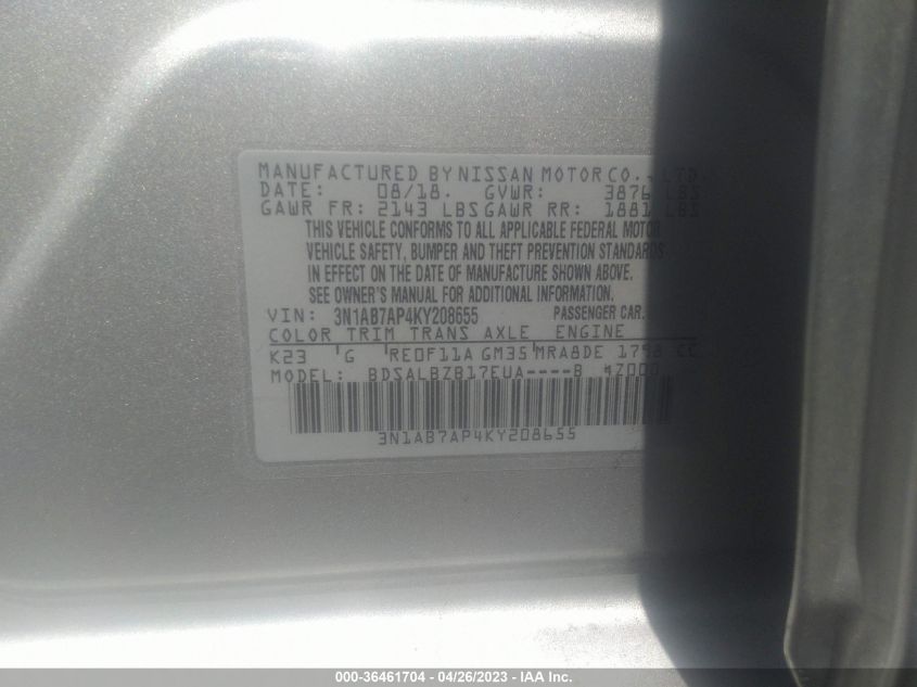 2019 NISSAN SENTRA S - 3N1AB7AP4KY208655