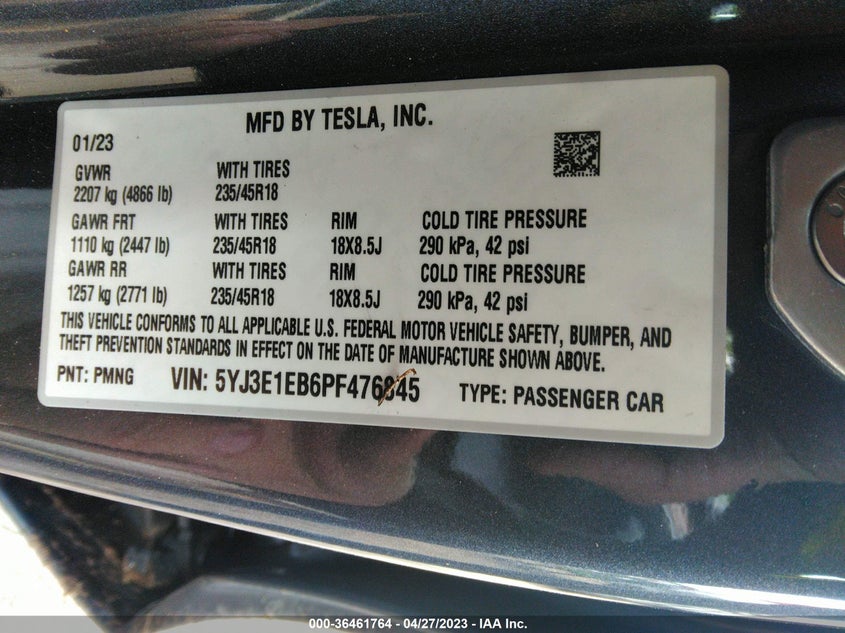 VIN 5YJ3E1EB6PF476845 2023 TESLA MODEL 3