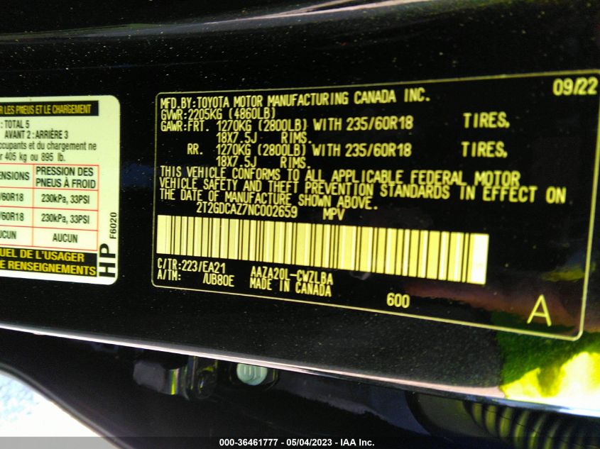 2022 LEXUS NX NX 250 PREMIUM - 2T2GDCAZ7NC002659