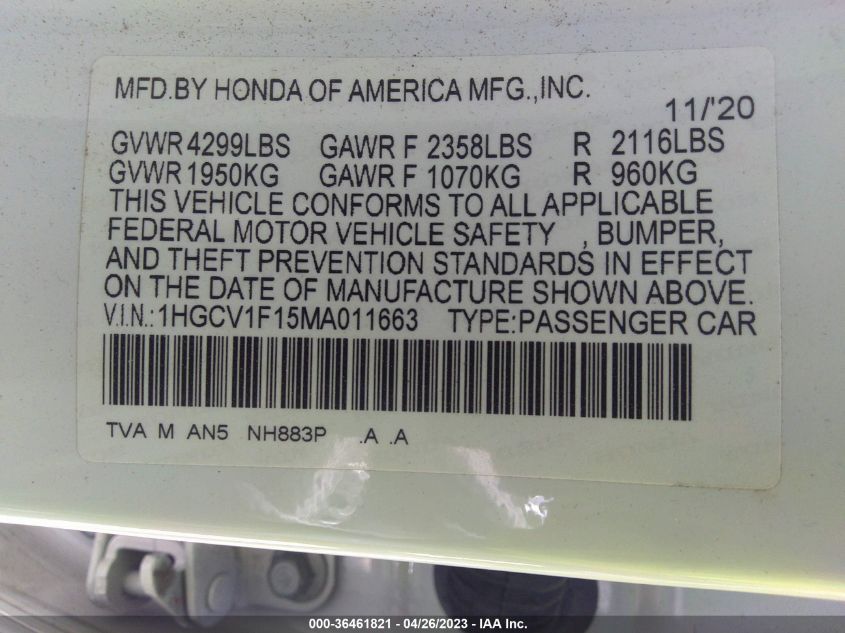 2021 HONDA ACCORD SEDAN LX - 1HGCV1F15MA011663