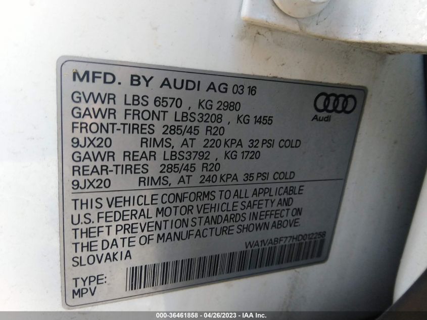 2017 AUDI Q7 PRESTIGE - WA1VABF77HD012258