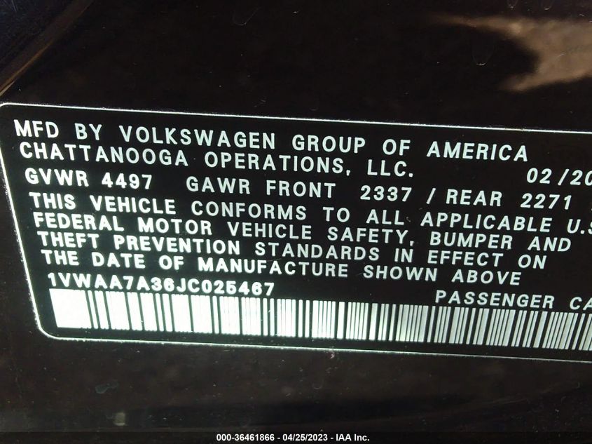 2018 VOLKSWAGEN PASSAT 2.0T S/R-LINE - 1VWAA7A36JC025467