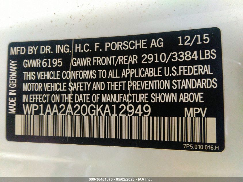 2016 PORSCHE CAYENNE - WP1AA2A20GKA12949
