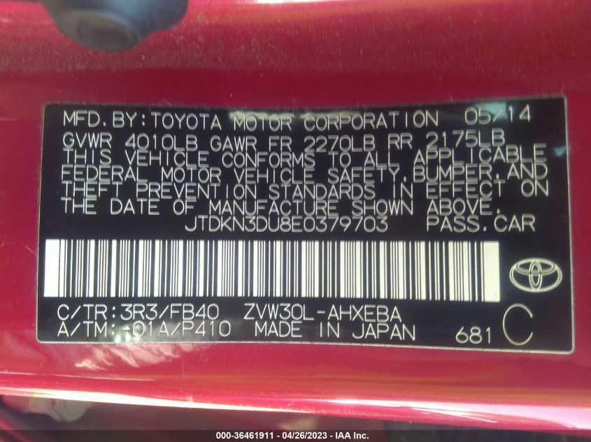 2014 TOYOTA PRIUS FOUR/FIVE/THREE/ONE/TWO - JTDKN3DU8E0379703