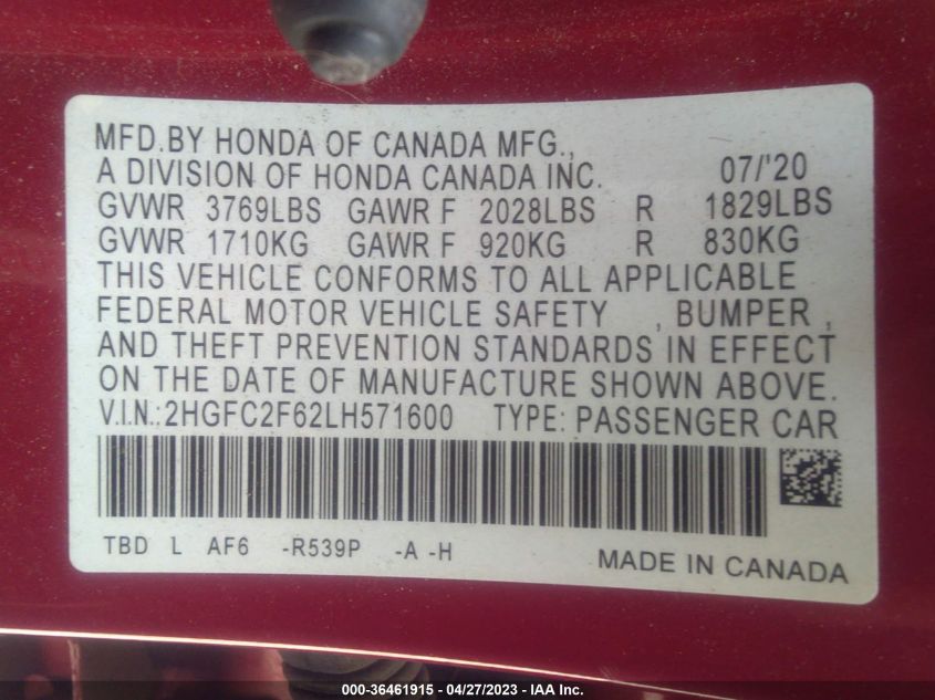 2020 HONDA CIVIC SEDAN LX - 2HGFC2F62LH571600