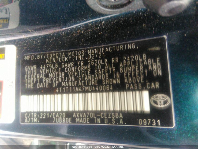 2021 TOYOTA CAMRY SE - 4T1T11AK7MU440064