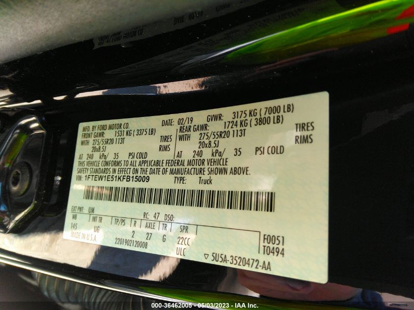 2019 FORD F-150 XL/XLT/LARIAT - 1FTEW1E51KFB15009