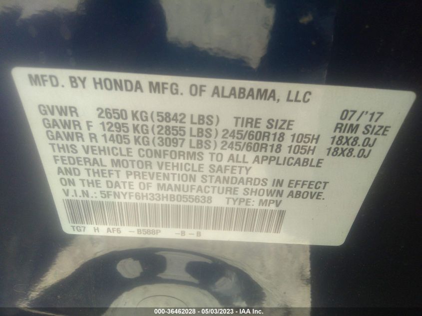 2017 HONDA PILOT EX - 5FNYF6H33HB055638