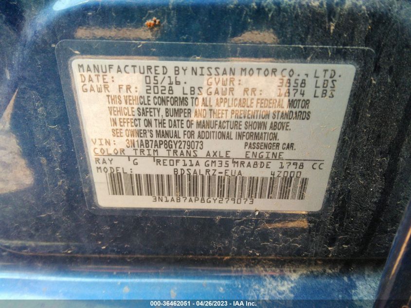 2016 NISSAN SENTRA SR - 3N1AB7AP8GY279073