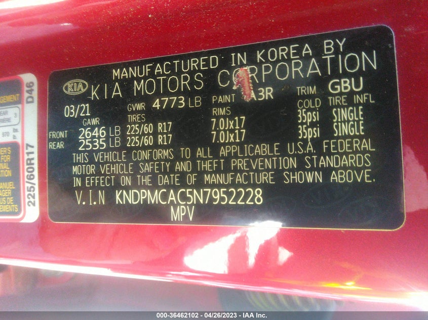 VIN KNDPMCAC5N7952228 2022 KIA SPORTAGE LX