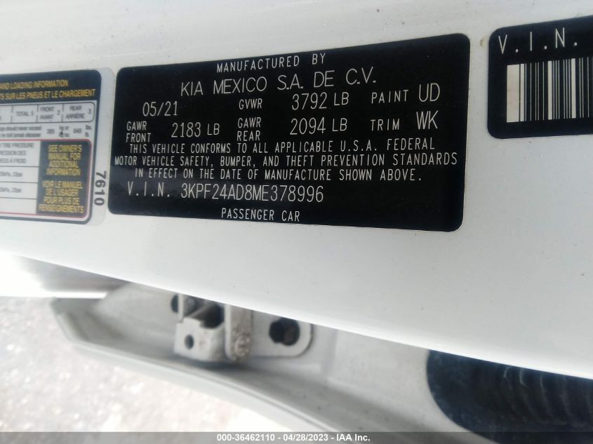 2021 KIA FORTE LXS - 3KPF24AD8ME378996