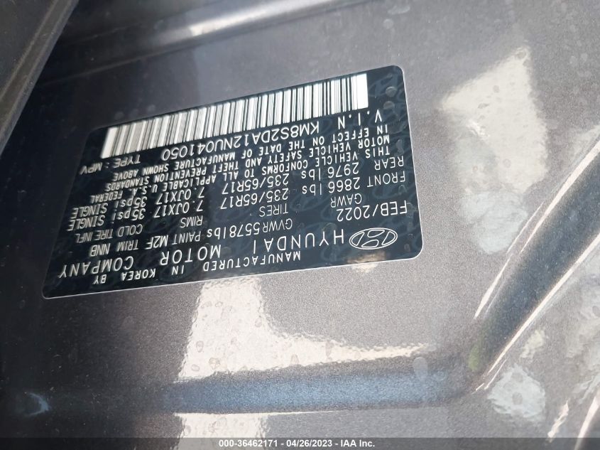 2022 HYUNDAI SANTA FE HYBRID BLUE - KM8S2DA12NU041050