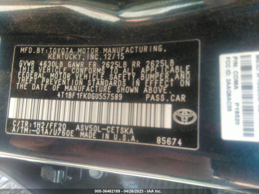 2016 TOYOTA CAMRY XLE/SE/LE/XSE - 4T1BF1FK0GU557589