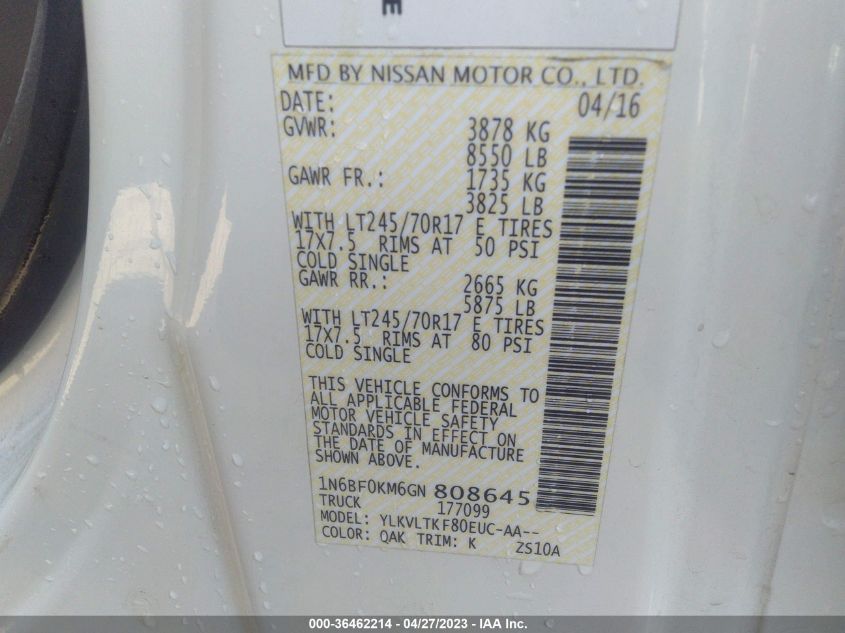 2016 NISSAN NV SV/S 1N6BF0KM6GN808645