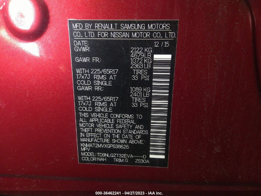 2016 NISSAN ROGUE SV - KNMAT2MVXGP638626