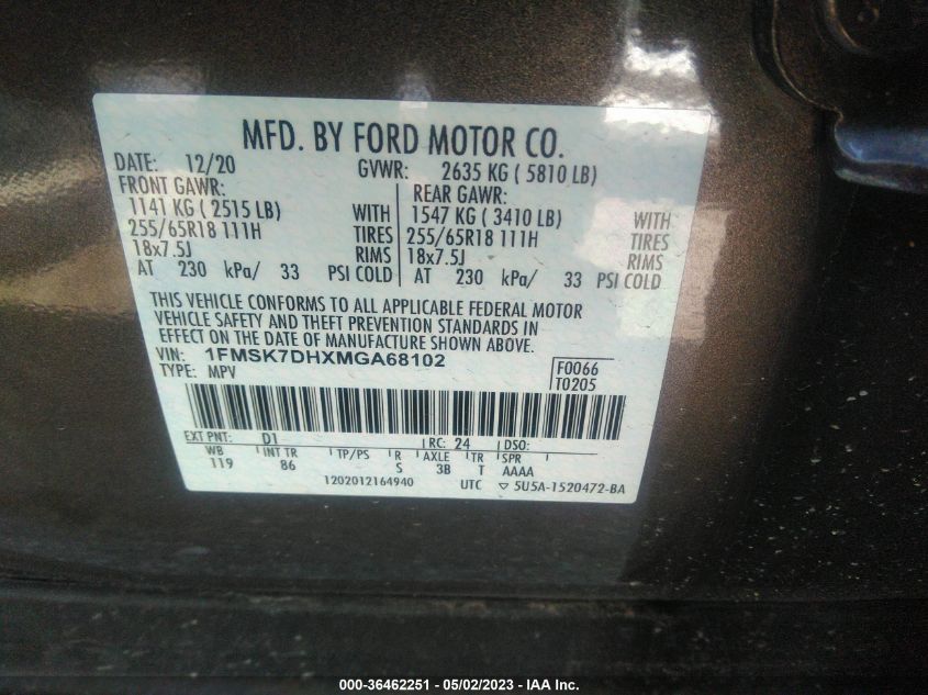 2021 FORD EXPLORER XLT - 1FMSK7DHXMGA68102