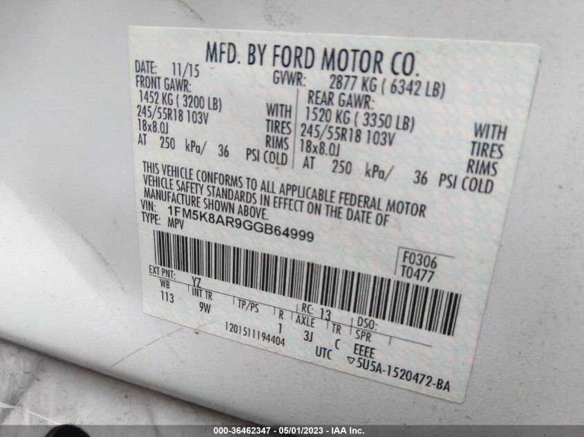 2016 FORD UTILITY POLICE 1FM5K8AR9GGB64999