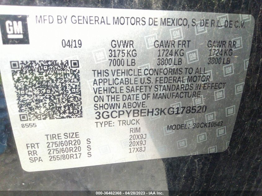 2019 CHEVROLET SILVERADO 1500 CUSTOM - 3GCPYBEH3KG178520