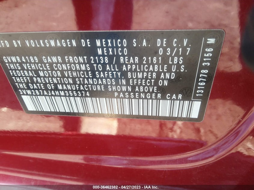 VIN 3VW2B7AJ4HM355374 2017 VOLKSWAGEN JETTA 1.4T S
