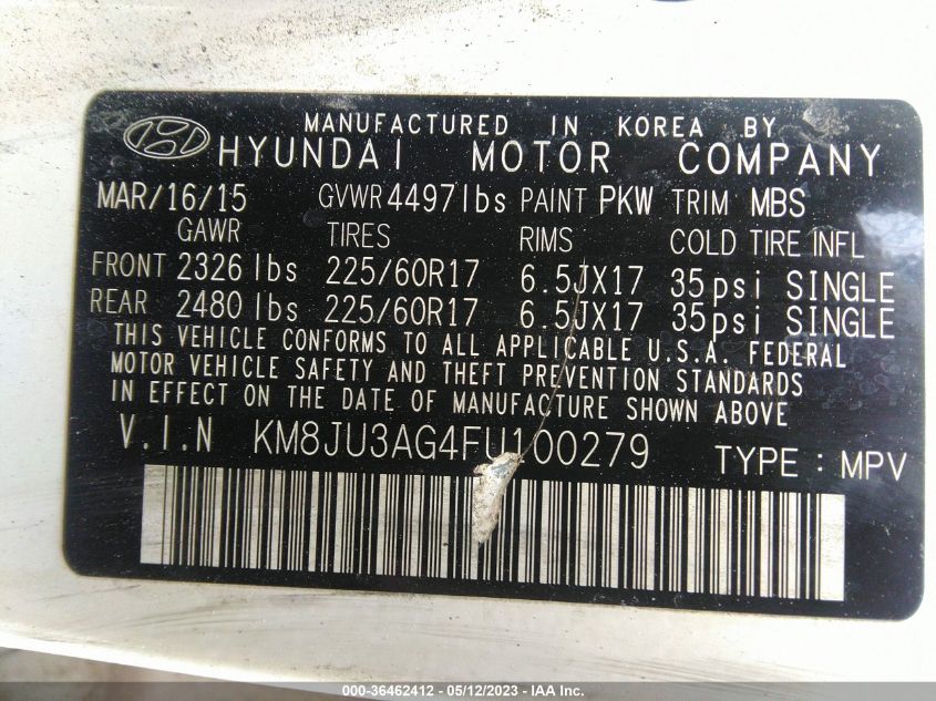2015 HYUNDAI TUCSON SE - KM8JU3AG4FU100279