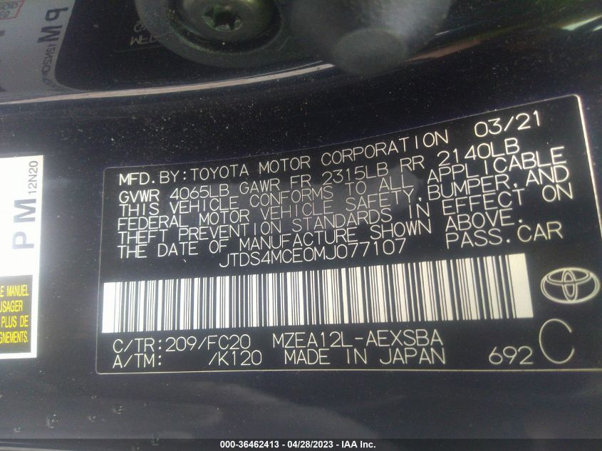2021 TOYOTA COROLLA SE/NIGHTSHADE/APEX SE - JTDS4MCE0MJ077107