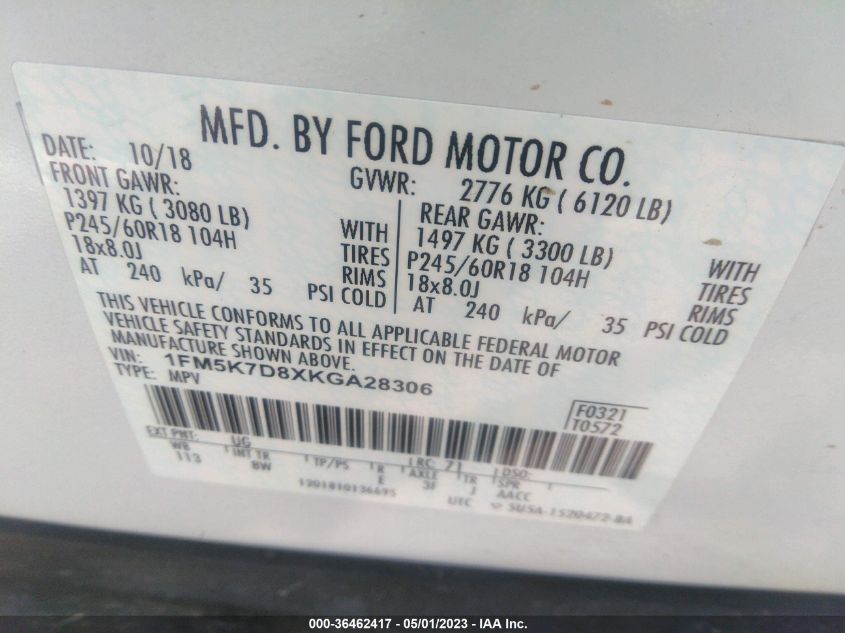 2019 FORD EXPLORER XLT - 1FM5K7D8XKGA28306