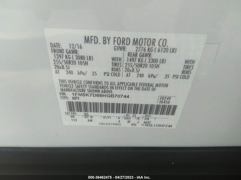 2017 FORD EXPLORER XLT - 1FM5K7D88HGB70744