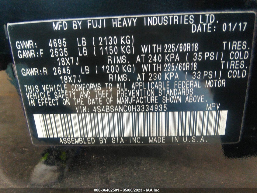 VIN 4S4BSANC0H3334935 2017 SUBARU OUTBACK LIMITED