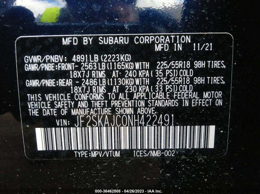 2022 SUBARU FORESTER SPORT - JF2SKAJC0NH422491