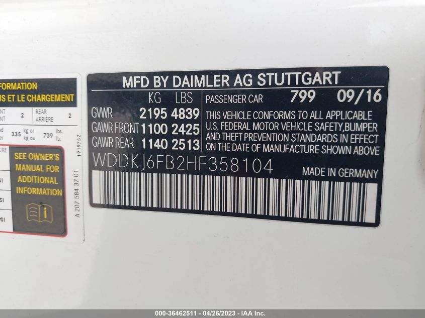 2017 MERCEDES-BENZ E-CLASS E 400 - WDDKJ6FB2HF358104