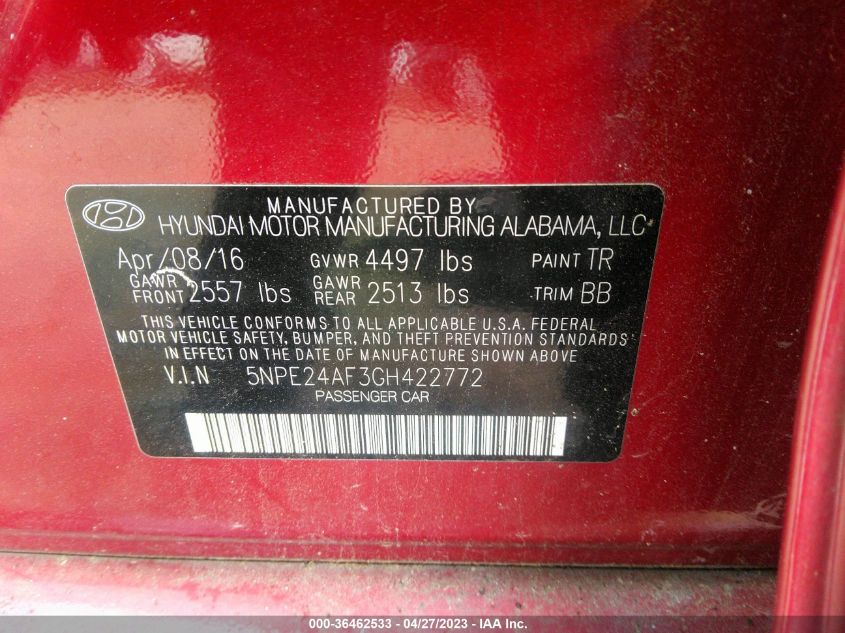 2016 HYUNDAI SONATA 2.4L SE - 5NPE24AF3GH422772