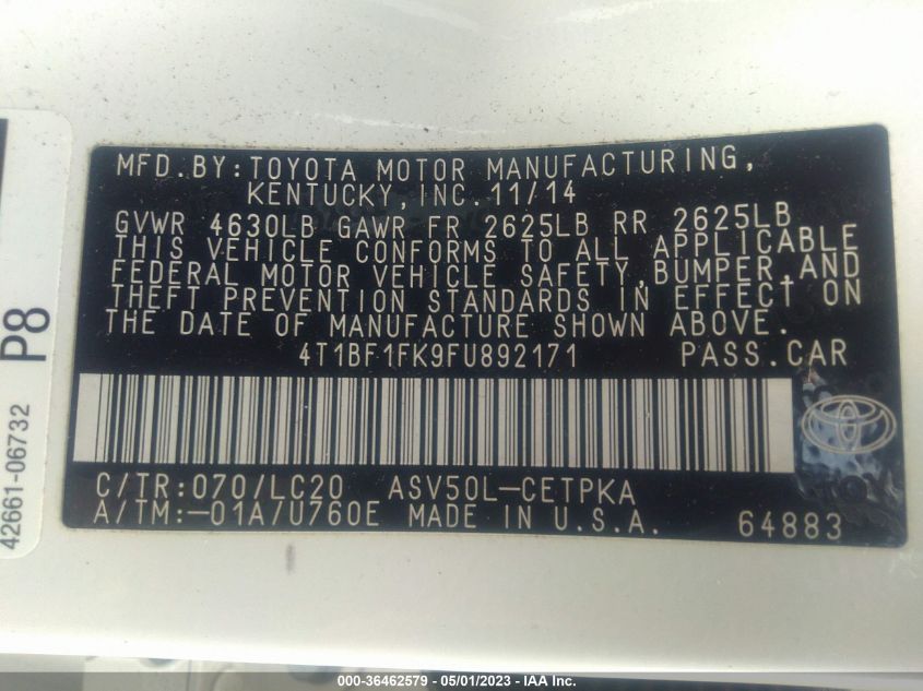 2015 TOYOTA CAMRY XLE/SE/LE/XSE - 4T1BF1FK9FU892171