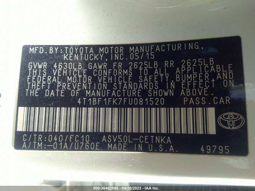 2015 TOYOTA CAMRY XLE/SE/LE/XSE - 4T1BF1FK7FU081520