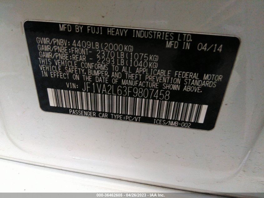2015 SUBARU WRX STI JF1VA2L63F9807458