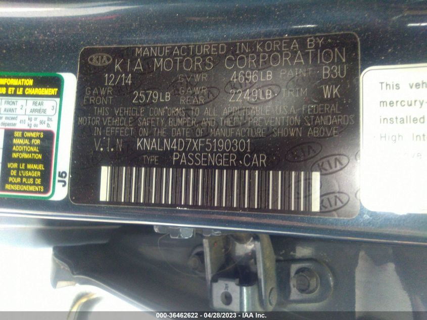 2015 KIA CADENZA PREMIUM KNALN4D7XF5190301