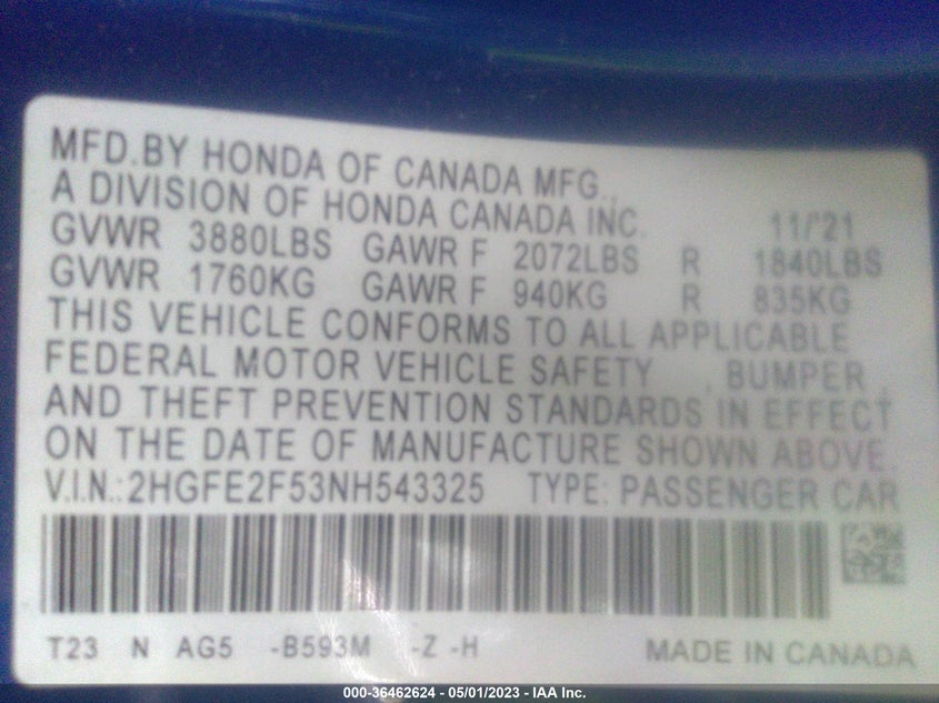 VIN 2HGFE2F53NH543325 2022 HONDA CIVIC SEDAN SPORT