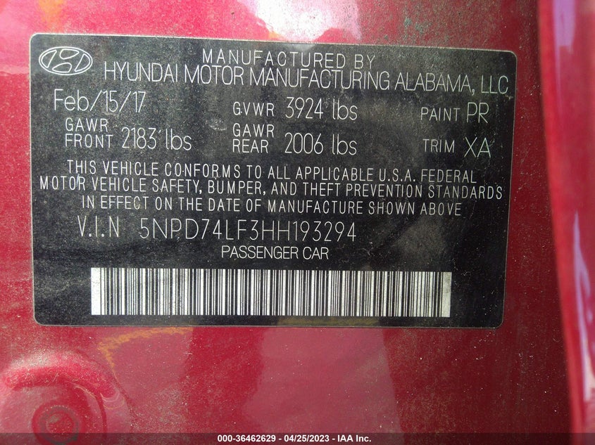 VIN 5NPD74LF3HH193294 2017 HYUNDAI ELANTRA SE